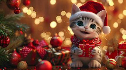  cat in a Christmas cap and red scarf on a red background and gold bokeh and glitter