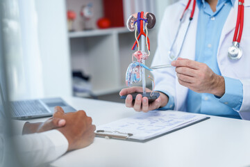 close-up of male patient consultation with doctor, explaining model of reproductive system,...