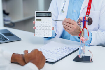 close-up of male patient consultation with doctor, explaining model of reproductive system, possibly discussing prostate cancer, cystitis, or urinary tract infection.