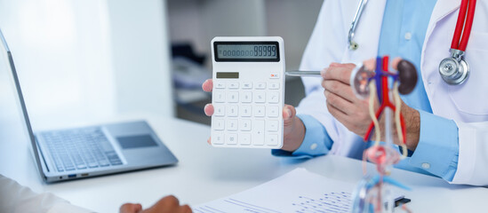close-up of male patient consultation with doctor, explaining model of reproductive system,...