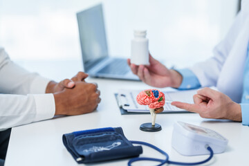 close-up of a medical consultation with a focus on a colorful brain model on the desk, while a...