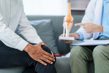 Doctor is seeing a patient. sitting and holding his knees with discomfort Meanwhile, bone model. talking about knee pain or osteoarthritis. - obrazy, fototapety, plakaty