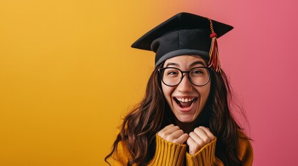 Happy and excited portrait of young student girl in hat of graduation isolated