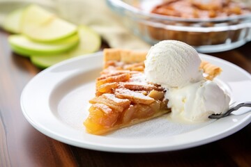 A delicious piece of apple pie served with a scoop of vanilla ice cream. 