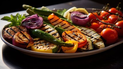  a plate of grilled vegetables sits on a table next to a bowl of tomatoes, cucumbers, and onions.