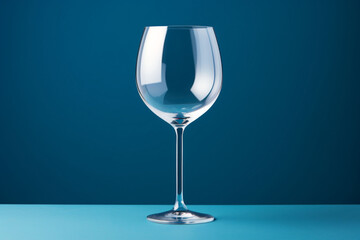 A single isolated wine glass on a blue surface reflecting the surroundings and background. Copy space.