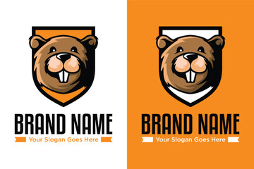 modern beaver head cartoon mascot with shield illustration logo design