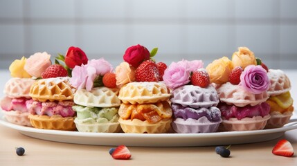 Obraz premium a close up of a plate of waffles with strawberries and raspberries on top of them.