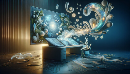Futuristic workstation with holographic interface and digital sculpting.