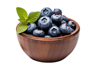 Blueberries in a wooden bowl isolated on transparent background