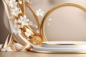 Luxury 3D Podium With Marble And Gold Arches - A beauty products and cosmetics neck-up for branding and product presentations, flying silk on a beige background generative ai