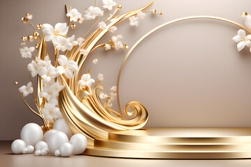 Luxury 3D Podium With Marble And Gold Arches - A beauty products and cosmetics neck-up for branding and product presentations, flying silk on a beige background generative ai