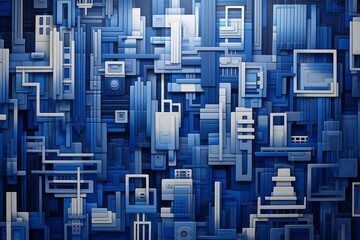 A mesmerizing display of interwoven geometric patterns in a spectrum of cobalt and ivory, forming a hypnotic design against a backdrop resembling a futuristic cityscape.