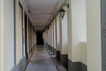 Architecture. Long corridor in the building. Italy.