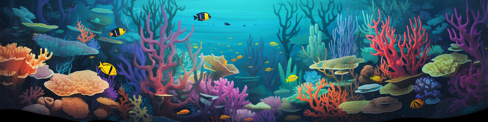 An underwater scene made entirely of colorful shapes resembling sea life. - obrazy, fototapety, plakaty