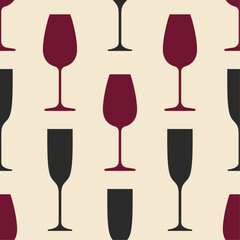 Glasses of wine seamless pattern. Black and maroon icons on beige background. Best for textile, wallpapers, wrapping paper, package and bar decoration.