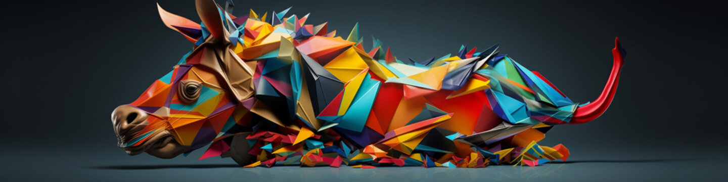 An array of 3D colorful shapes constructing an abstract animal.