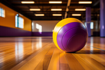 Colorful basketball on a shiny wooden floor with a blurred corridor background.