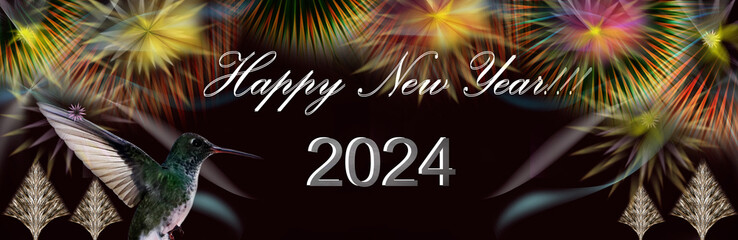 New Year 2024 with Christmas trees, hummingbird and fireworks graphic illustration