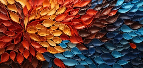An intricate 3D mosaic featuring vibrant color contrasts and mesmerizing patterns against a backdrop of vibrant coral.