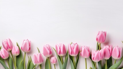 Pink tulip blooms with copy space on the side of a pastel on white background