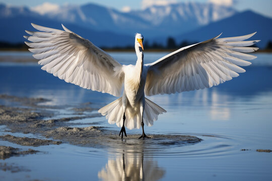 Great egret with wings spread landing on tranquil water with mountain backdrop.