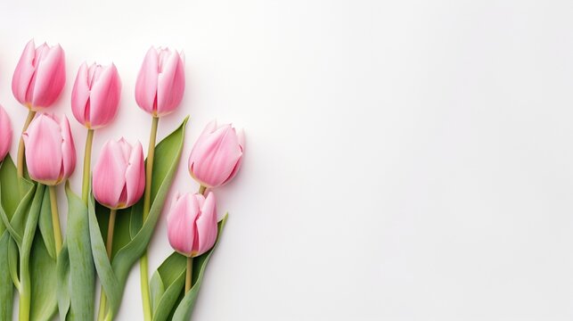 Pink tulip blooms with copy space on the side of a pastel on white background
