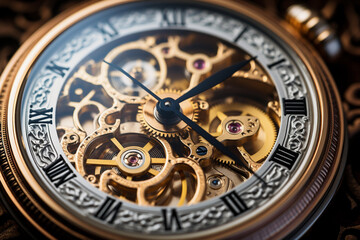 Fototapeta na wymiar Close-up of an intricate vintage pocket watch mechanism with exposed gears and a golden finish.
