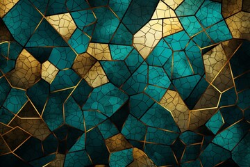 A series of intricate geometric shapes in vibrant shades of teal and gold, interlocking to form an elaborate pattern against a backdrop resembling a mosaic sky.
