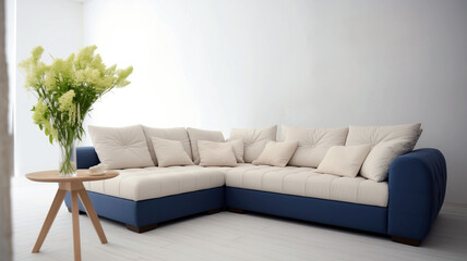 Design of a white soft corner sofa with pillows in an empty bright room. Green plant in a pot. Interior element, furniture production and sale. Catalog with furniture for the site.
