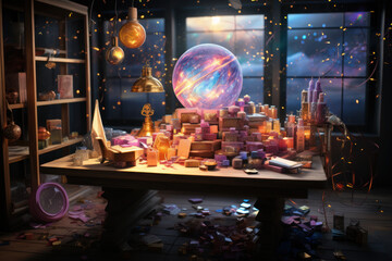 Naklejka premium A cosmic-themed gift wrapping station with shimmering paper and celestial ribbons for creating personalized gifts. Generative Ai.
