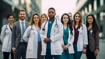 Portrait of a group of doctors and nurses in uniforms outside a medical office.