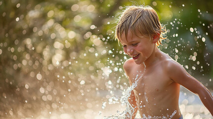 Obraz premium Young boy splashing in water on a hot summer day.