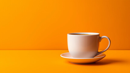 White coffee cup on saucer against vibrant orange background with copy space.