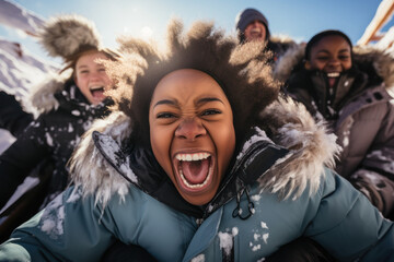 People joyfully sledding down a hill, their frozen expressions capturing the sheer exhilaration of the winter activity. Generative Ai.