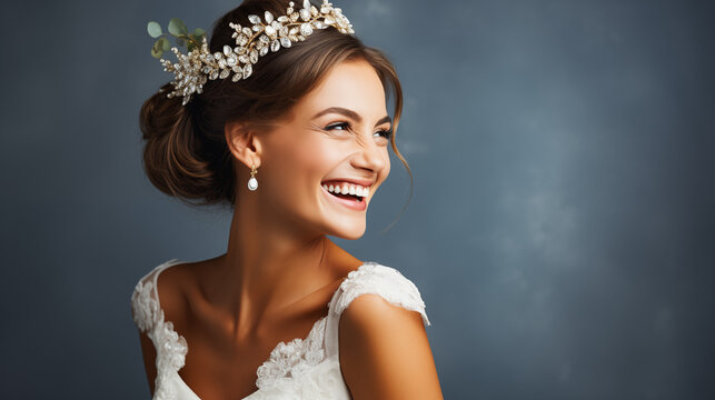 Young bride in modern wedding dress laughing. Looking back over her shoulder on grey background.