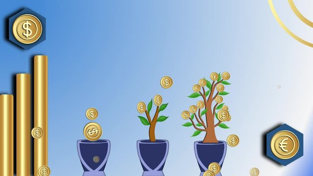 The animation footage invesment. Business investment with the concept of animation moves trees and gold coins. US dollar, CHF, EUR, JPY currency coin.