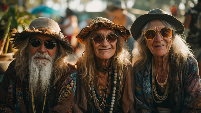 Three old hippies with long hair, sunglasses and hats outside.