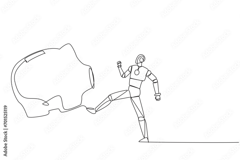 Poster single continuous line drawing smart robot kicking piggy bank. programming error. misperception. rob