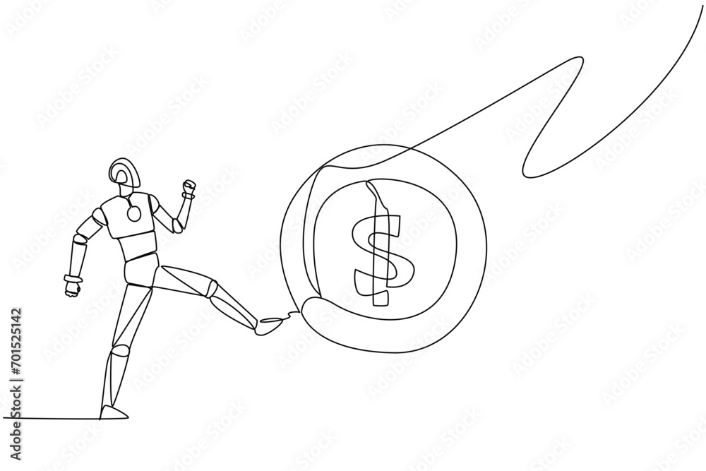 Poster single continuous line drawing robot kicking the big coin with a dollar symbol. errors in providing 