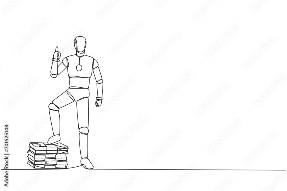 Poster single continuous line drawing robot stands with thumbs up pose and steps on stack of banknotes with