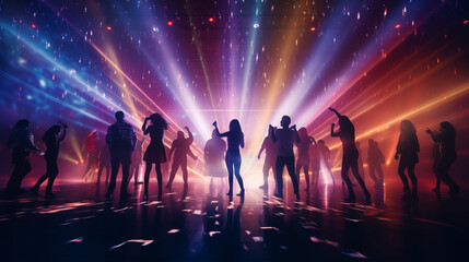 Silhouettes of people dancing at a disco club. Party time at night.  - obrazy, fototapety, plakaty