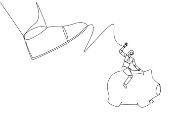 Single one line drawing smart robot riding a piggy bank runs away from giant foot. Move some investments to places that promise security. Future technology. Continuous line design graphic illustration