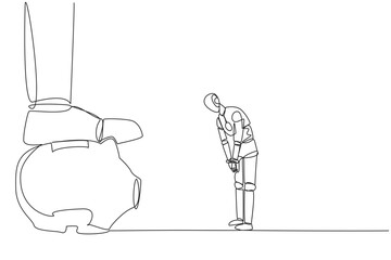 Single continuous line drawing a new robot nodded in front of giant foot that stepped on the piggy bank. Good learning robot. Learn to invest. Future technology. One line design vector illustration