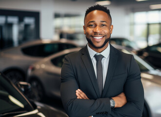 Obraz premium Happy smiling young African American executive manager standing confidently with arms crossed and looking at camera in car dealership. professional business man in a stylish suit. 