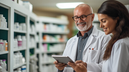 Two pharmacists talking to each other inside a pharmacy.