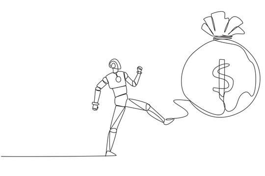 Single one line drawing smart robot kicking money bag. Freedom to act without knowing the rules. Machine testing. Future technology development concept. Continuous line design graphic illustration