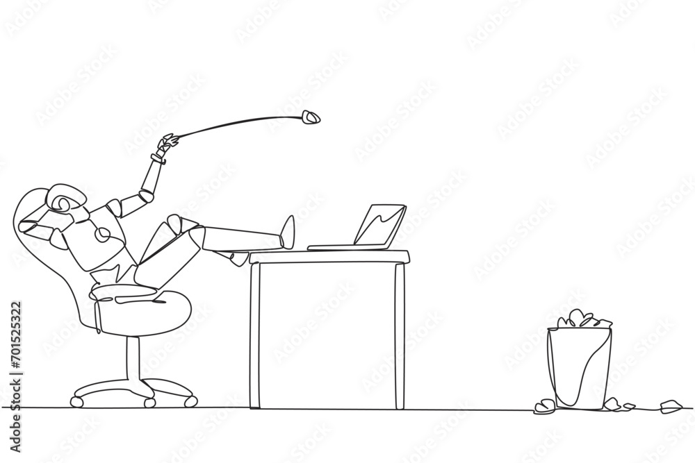 Poster single one line drawing robot sitting in chair throwing wads of paper into the trash. trying to repr