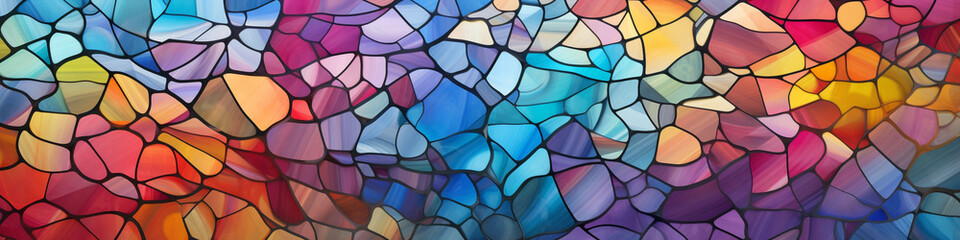 Colorful shapes organized in a pattern that resembles a stained glass window.