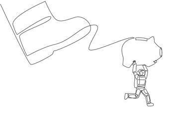 Single continuous line drawing astronaut carrying piggy bank run away from the giant foot. Escape with the assets that will be used for the expedition mission. One line design vector illustration